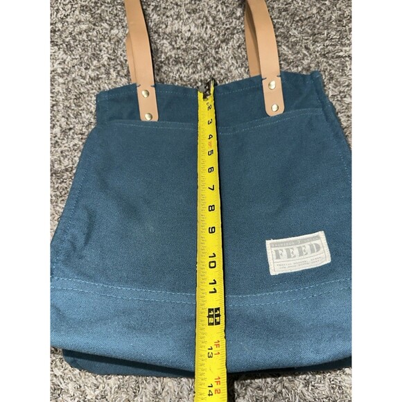 FEED Projects Tote Bag Reusable Teal Canvas Market Pockets Faux Leather Straps - Picture 5 of 11